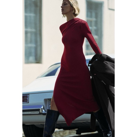 Zara Dresses & Skirts - ZARA Burgundy Asymmetrical Midi Dress S Long Sleeve Bodycon Chic